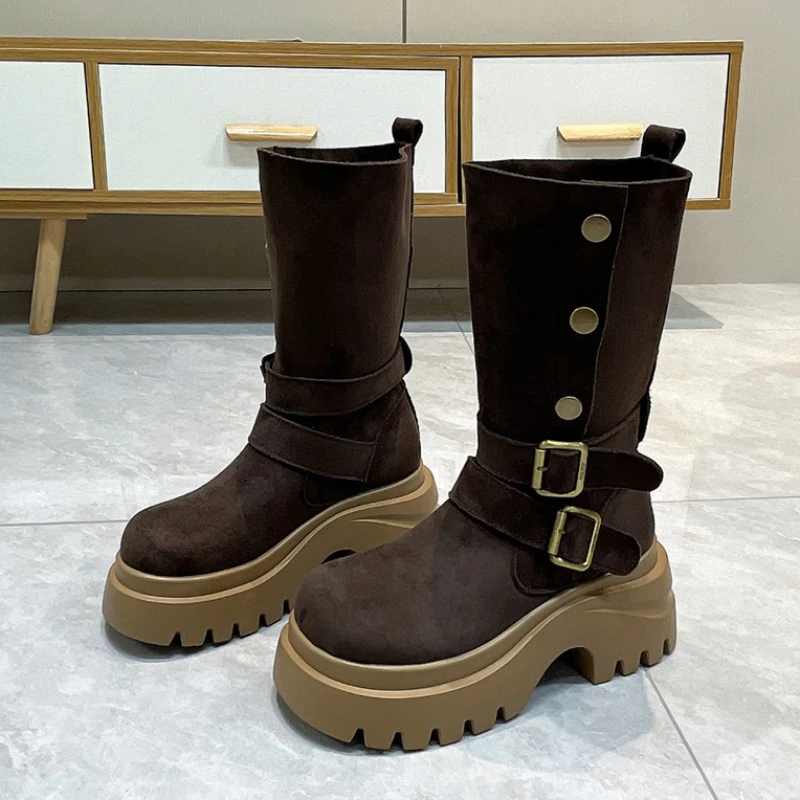 

Женские ботинки до середины икры, туфли на высоком каблуке и платформе, зимняя элегантная обувь на массивном каблуке 2024, трендовые ботинки «Челси», повседневные прогулочные ботинки