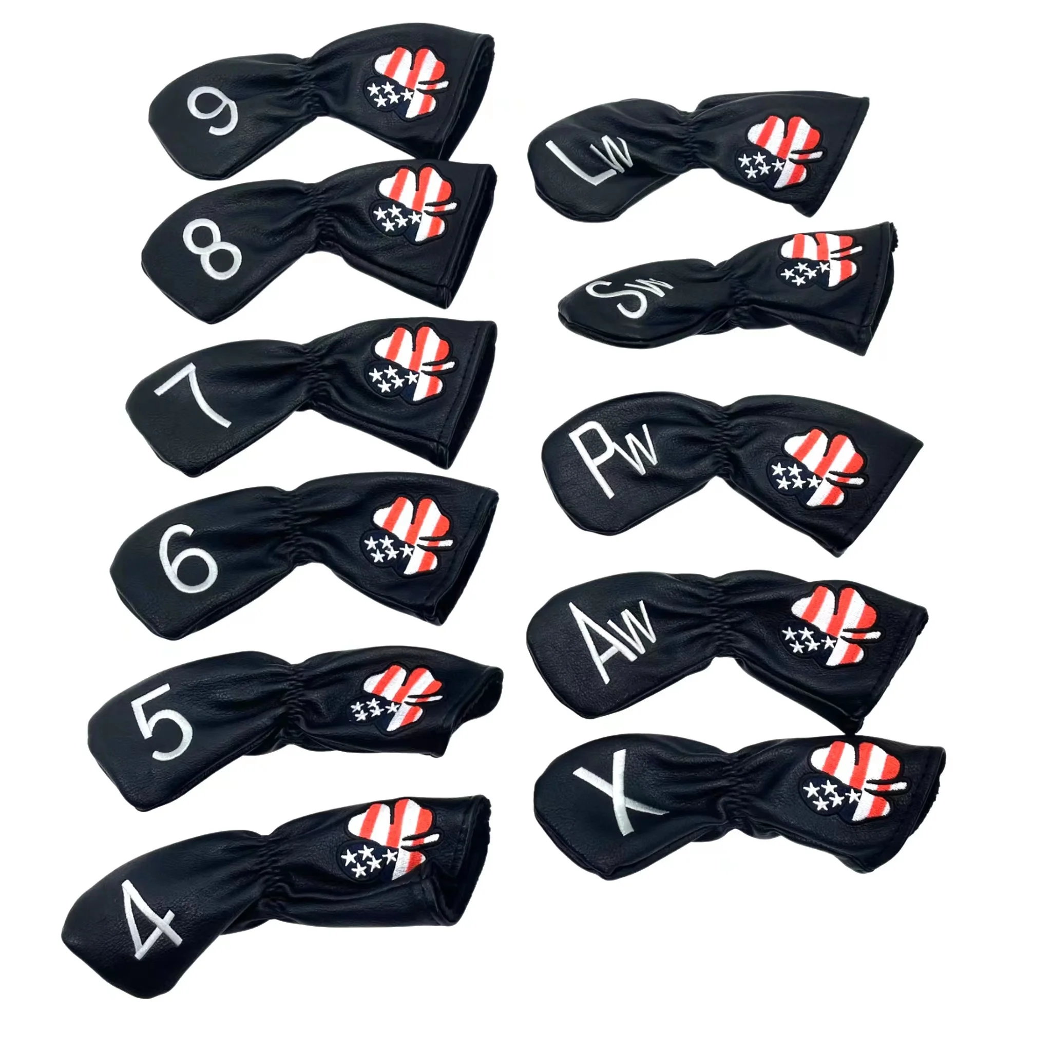 11Pcs Soft PU Leather Golf Lucky Clover Irons Head cover Club Iron Head Covers with Number Printed 4,5,6,7,8,9,Aw,Sw,Pw,Lw,X