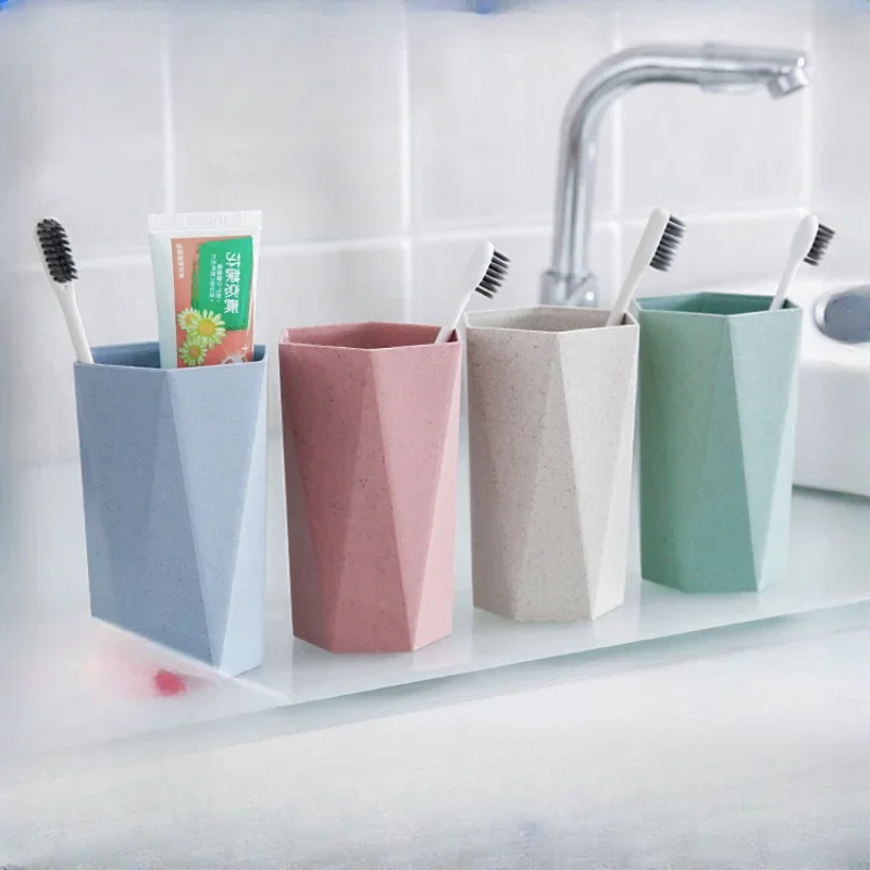 Rhombus Wheat Straw Washing Cup Portable Travel Toothbrush Holder Cup Bathroom Wash Cup Toothpaste Organizer Water Milk