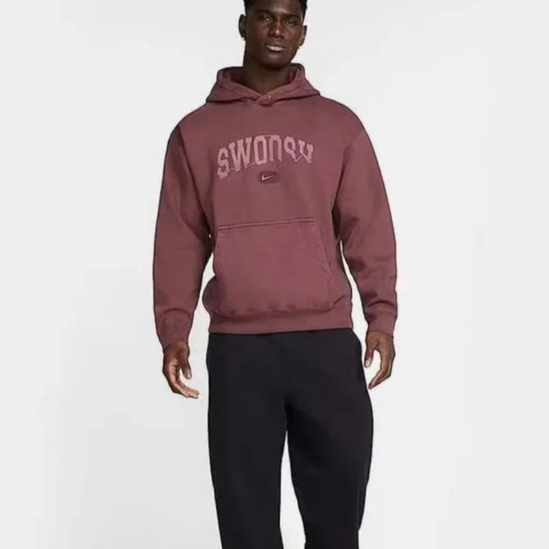 Nike Solo Swoosh Filled Pullover Letter Sleeve Long-Sleeved Sweatshirt for Men - Bright Burgundy Red HJ2230-652