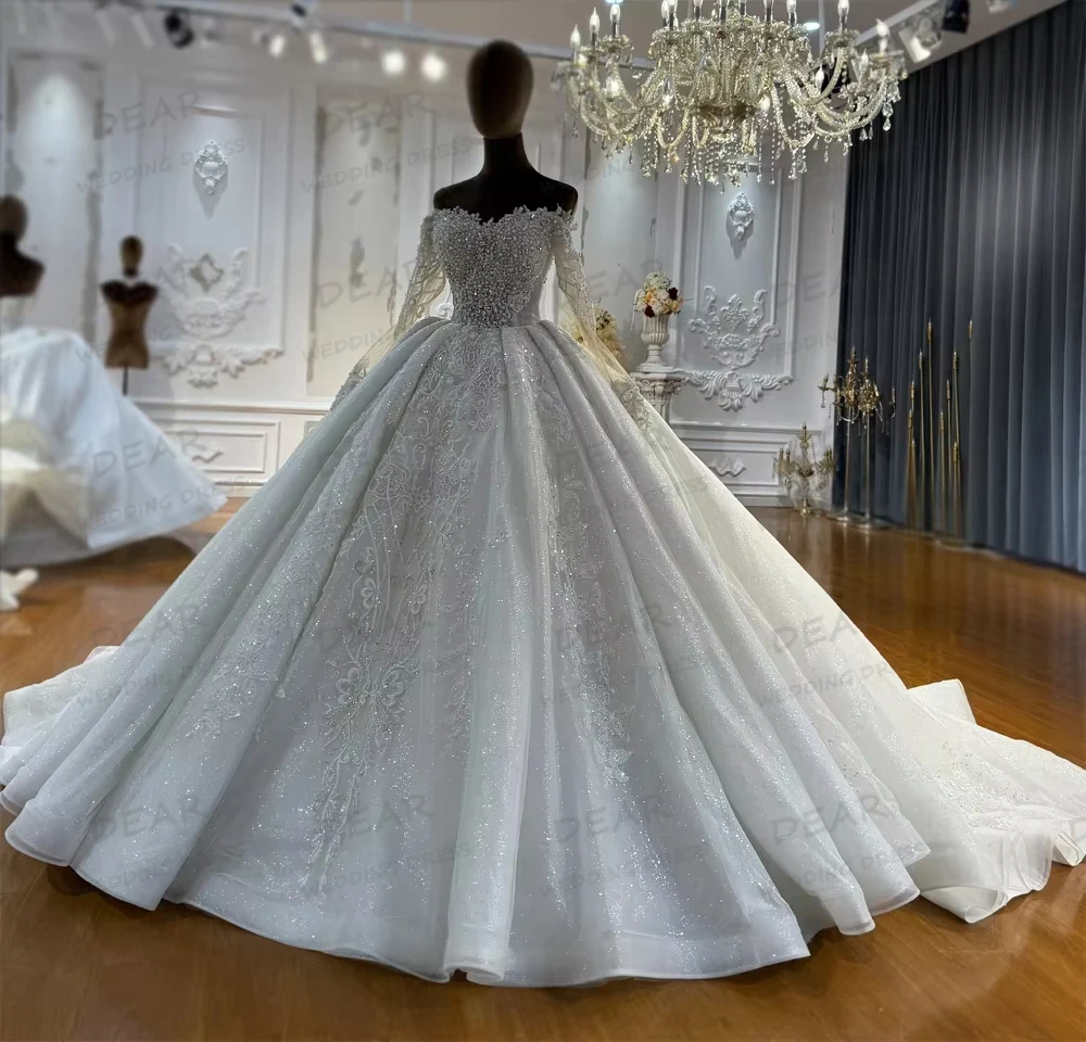 Simple Fluffy Wedding Dresses Customized Women's A Line Sequin Shiny Bridal Ball Gowns Sexy Long Sleeve Vestidos De Novia Party