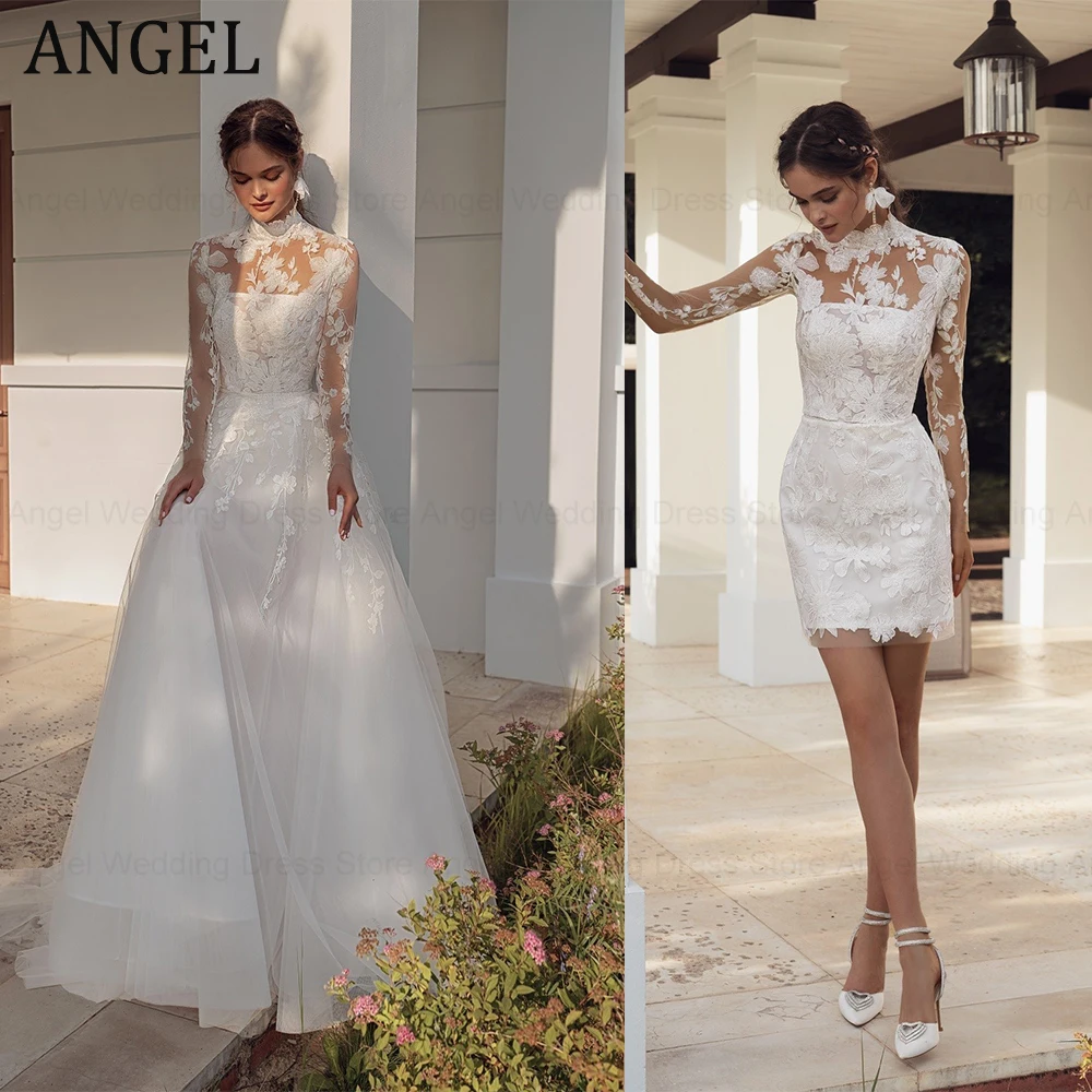 

ANGEL Exquisite Wedding Dress Long Sleeves High Neck Detachable Train A-Line Tulle Applique Bridal Gown vestido de noiva