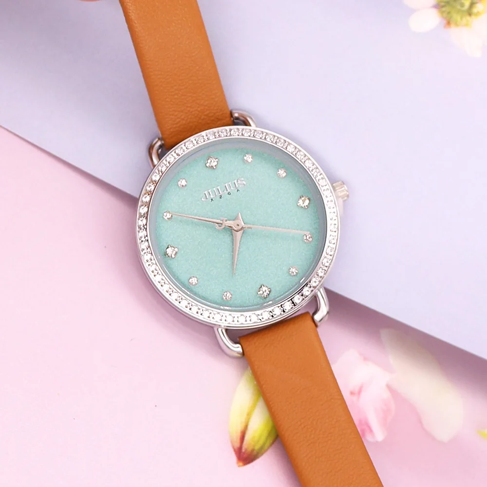 Thin CZ Julius Lady Women's Watch Japan Quartz Fashion Hours Bracelet Real Leather Girl's Gift Box
