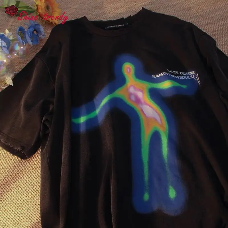 T-Shirt oversize estiva donna Y2k T-Shirt Harajuku a maniche corte con stampa verticale distorta Hip Hop Streetwear T-Shirt da uomo Tee Top