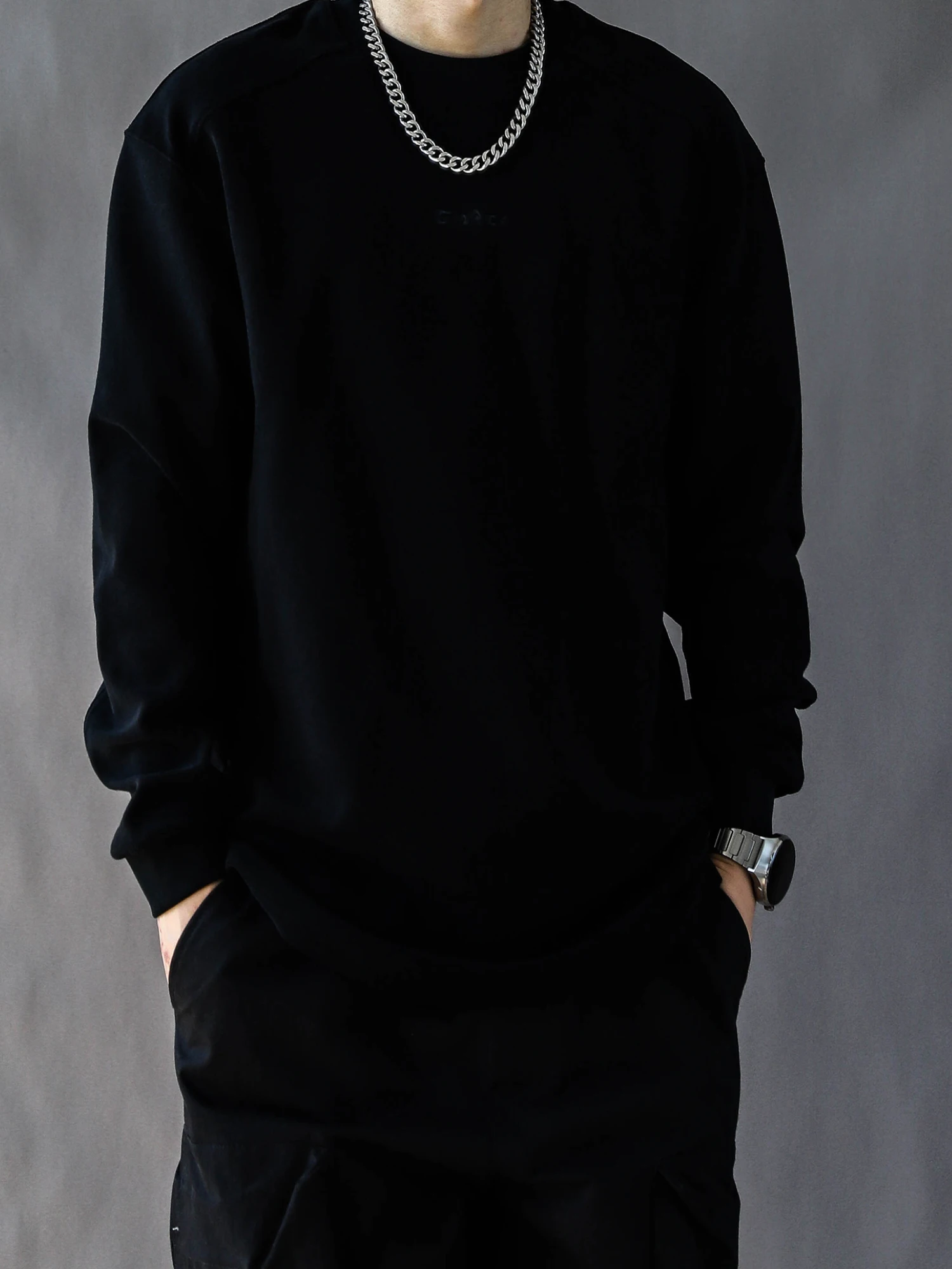 

Retro Japanese Sle round Ne Sweatirt Men's Spring Autumn Loose Casual Bla Top American High Street Faion