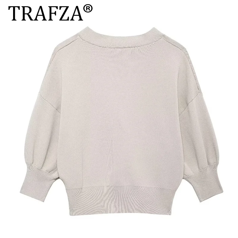 TRAFZA Flower Button Decoration For Women New Long Sleeved Loose Fit Woman Sweater Jacket Sleeve Short Autumn Knitwear Coat ﻿