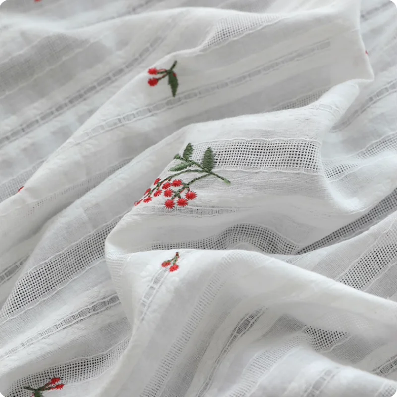 

White embroidered cotton fabric for pajamas, home wear and women's clothing diy floral fabric
