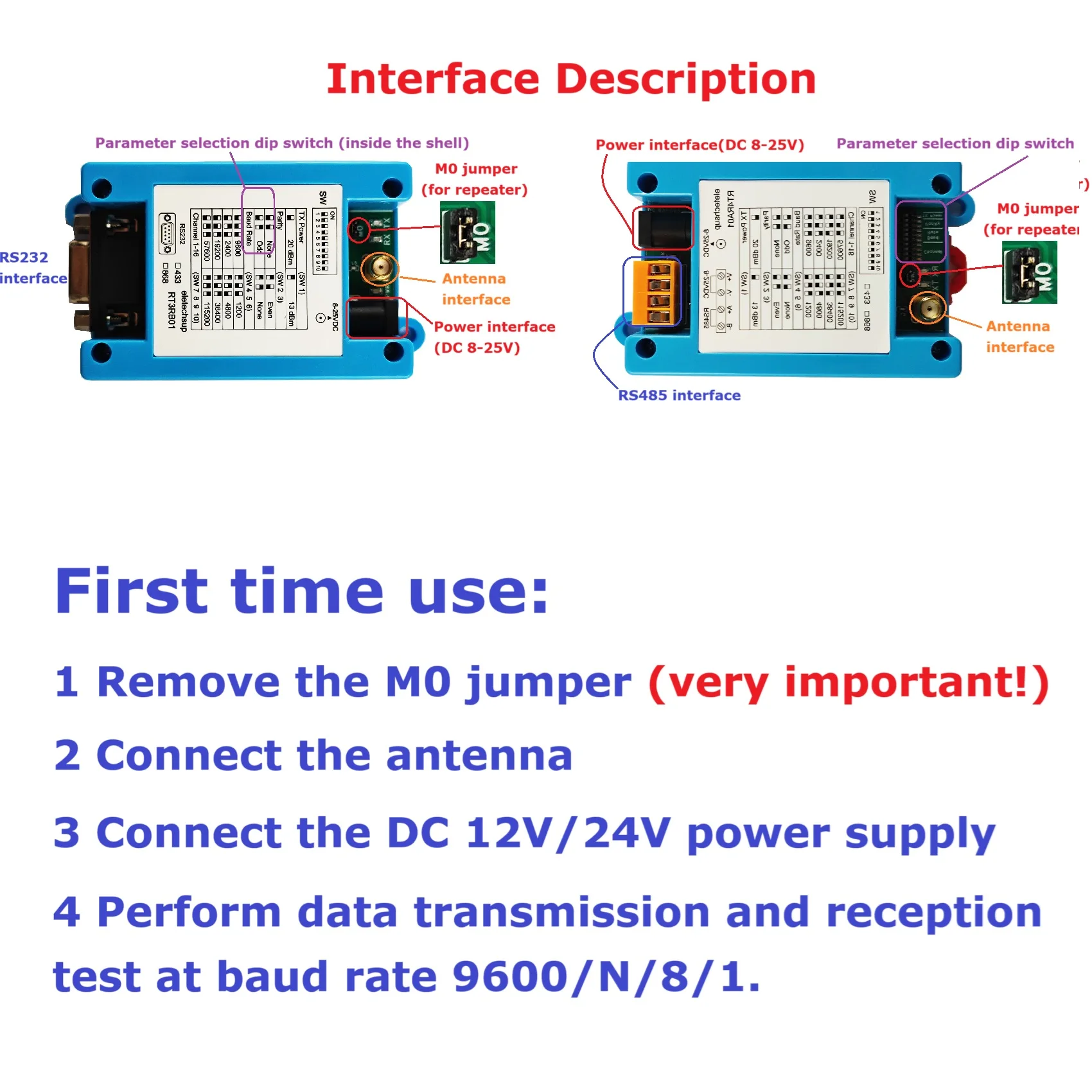 AES Encrypted RS485/RS232 Wireless DTU Module  433M/868M Dual Band  Baud Dip Switch Configurable Secure IoT Communication Device
