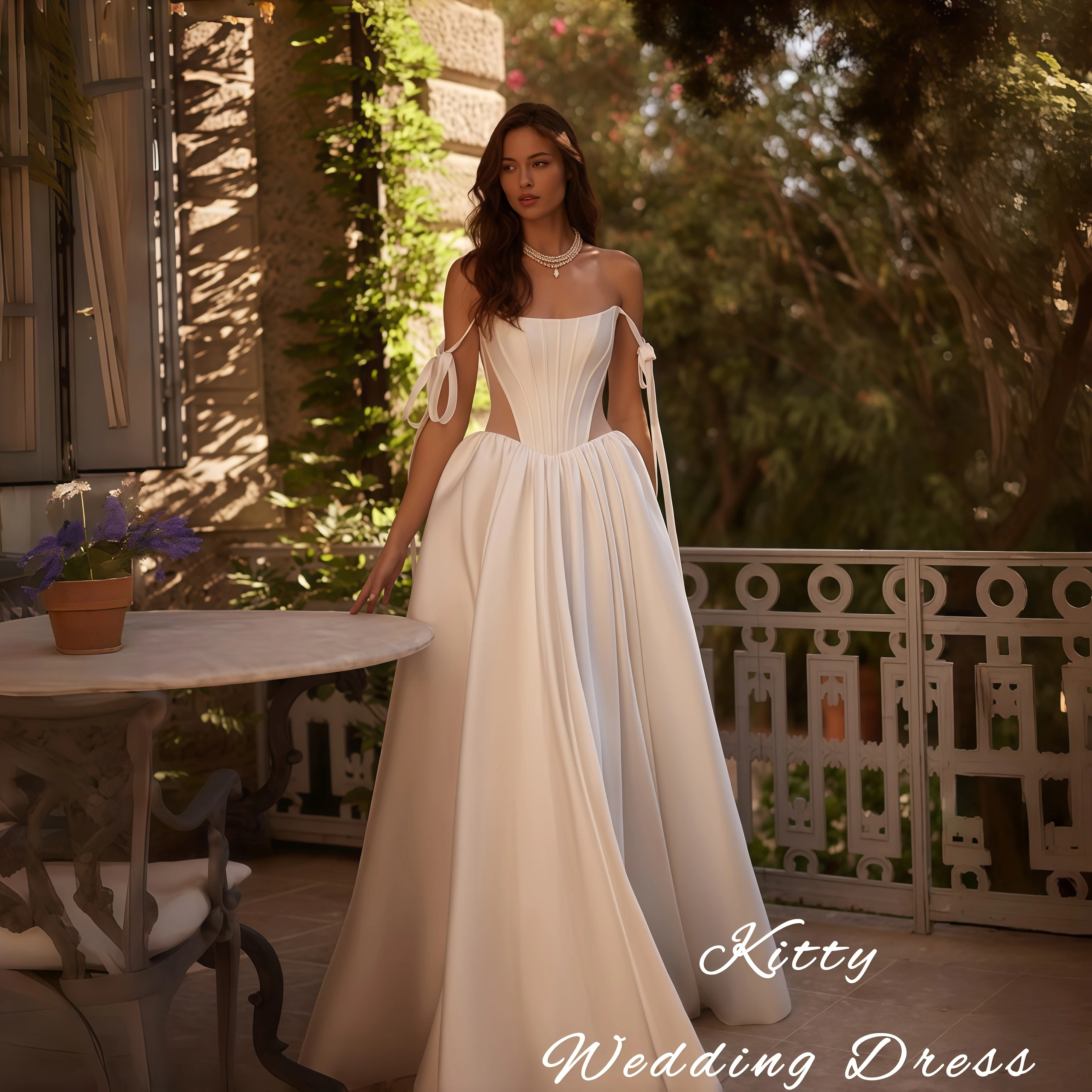 

Kitty Customized Elegant Wedding Dress Strapless Square Neck Corset Bodice Satin Backless High Slit A-Line Train Bridal Gowns