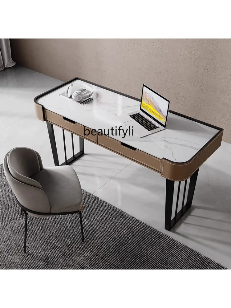 Stone Plate Light Luxury Desk Saddle Leather Study Writing Italian Minimalist Modern Simple Home Office Computer Desk Modern