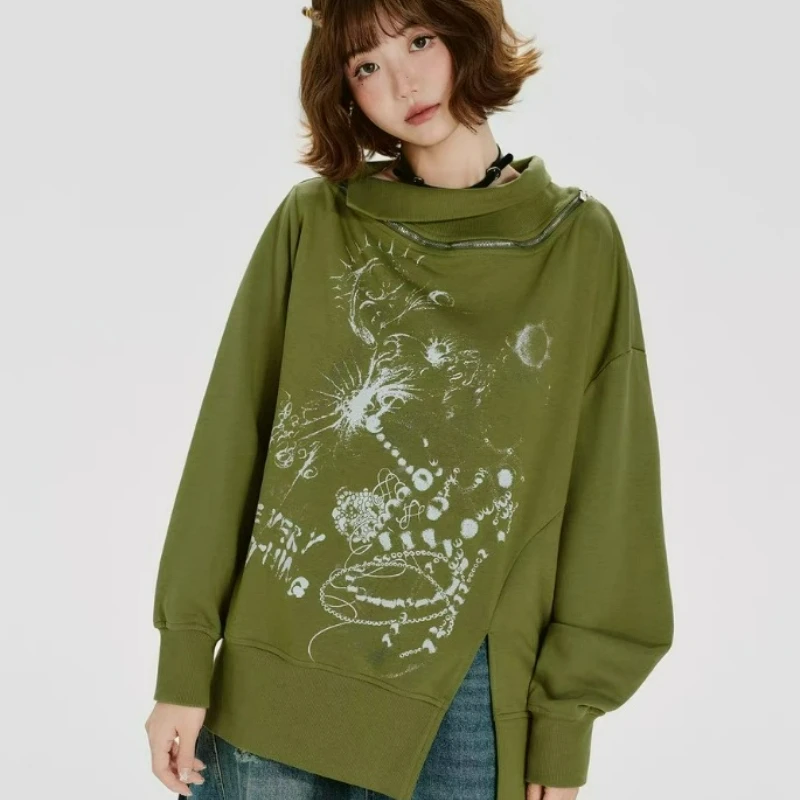 Spring/Autumn New Style Fashionable Loose Versatile Top American Retro Printed Zipper Design Long-sleeved Sweatshirt for Women