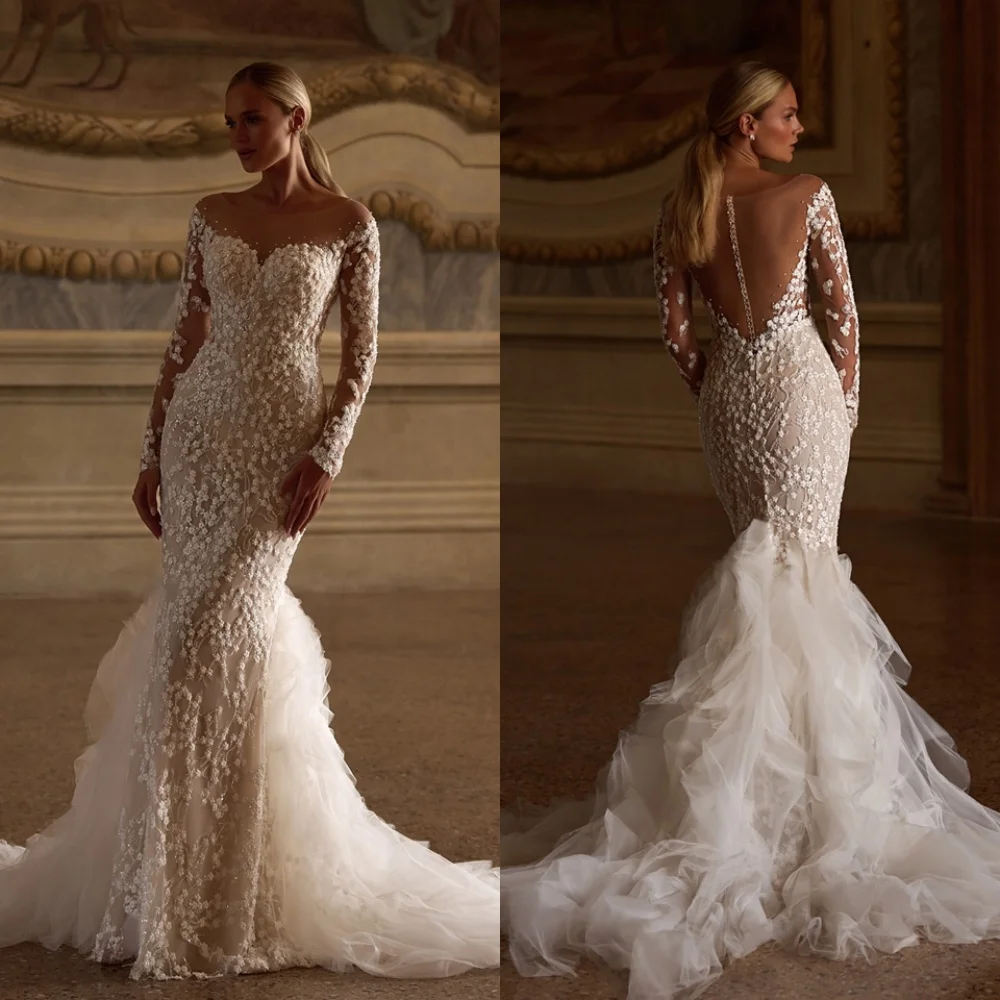 Robe de mariée en Organza blanc délicat, personnalisée, romantique, manches longues, fête de mariée, boutons au dos de haute qualité