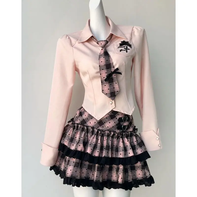 Preppy Style Turndown Collar Single Breasted Long Sleeved Shirt + High Waisted Plaid Mini Skirt 2 Piece Sets Womens Y2k Suits