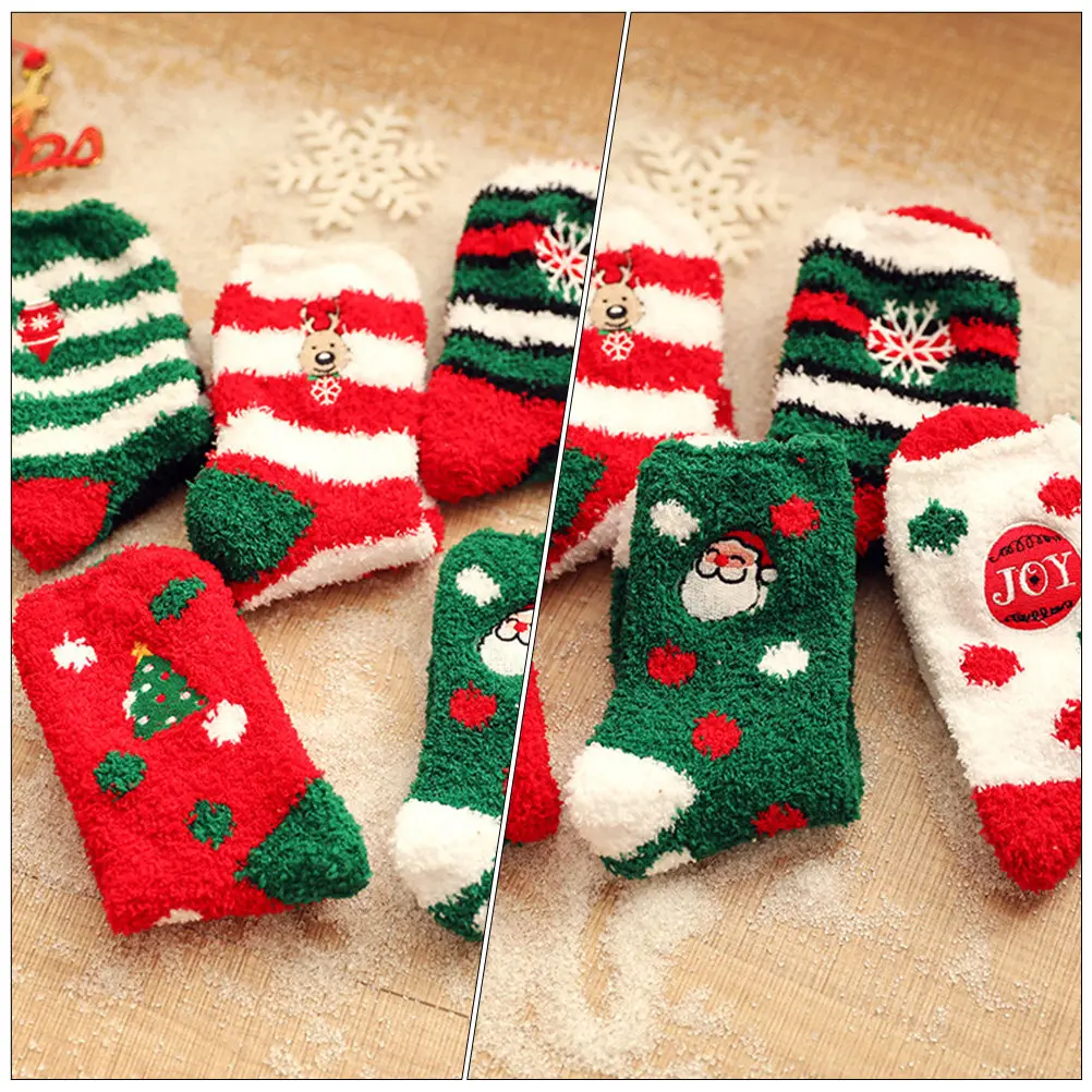 

6Pairs Christmas Socks Coral Fleece Material Elastic Ankle Fit Cute Cartoon Pattern Winter Warmth Socks for Kids