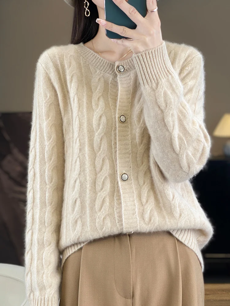 

Женский кардиган из 100% шерсти, осенне-зимний однотонный топ с круглым вырезом и длинными рукавами, универсальный трикотаж, утепленная куртка