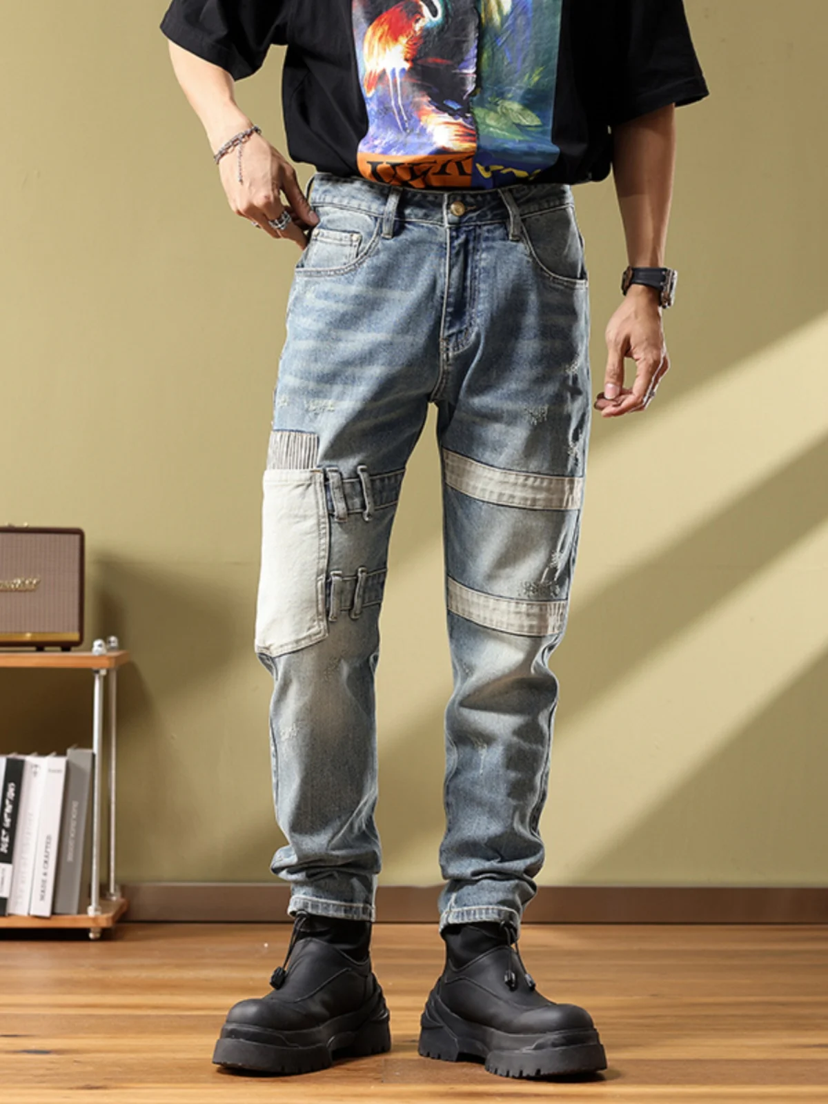 

Retro American High-End Men's Slim Fit Straight Leg Biker Casual Long Jeans Retro Patchwork Cotton Stretch Denim
