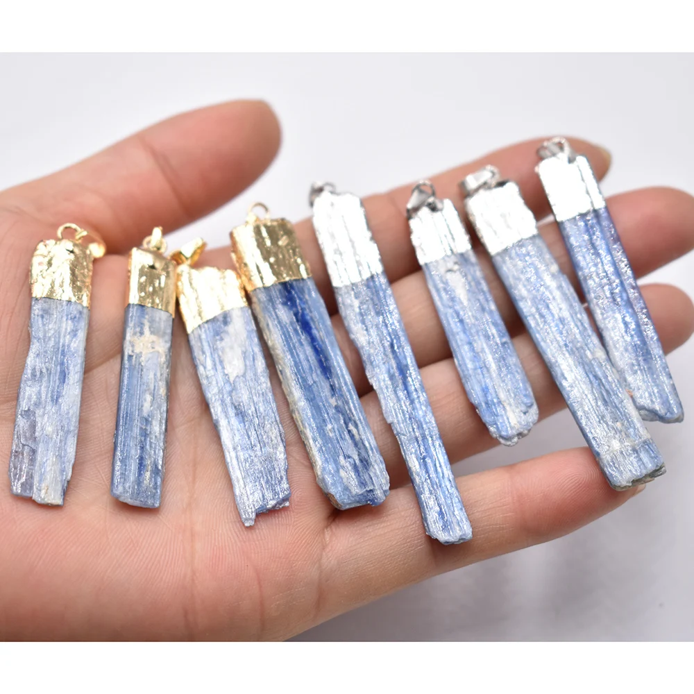 Wholesale 8pcs/lot Fashion Natural Stone Blue Kyanite Pendant Jewelry Gold Plated Edge Earring Necklace DIY free shipping