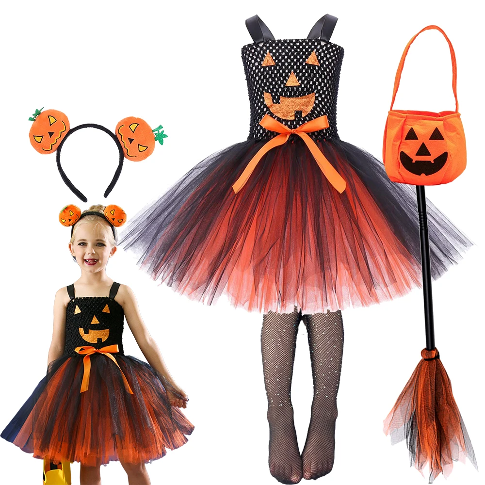 

2023 Детский костюм для косплея на Хэллоуин для девочек с тыквой, детское платье, платье ведьмы для младенцев, одежда с шляпой, Сумка с тыквой, метлой, колготки