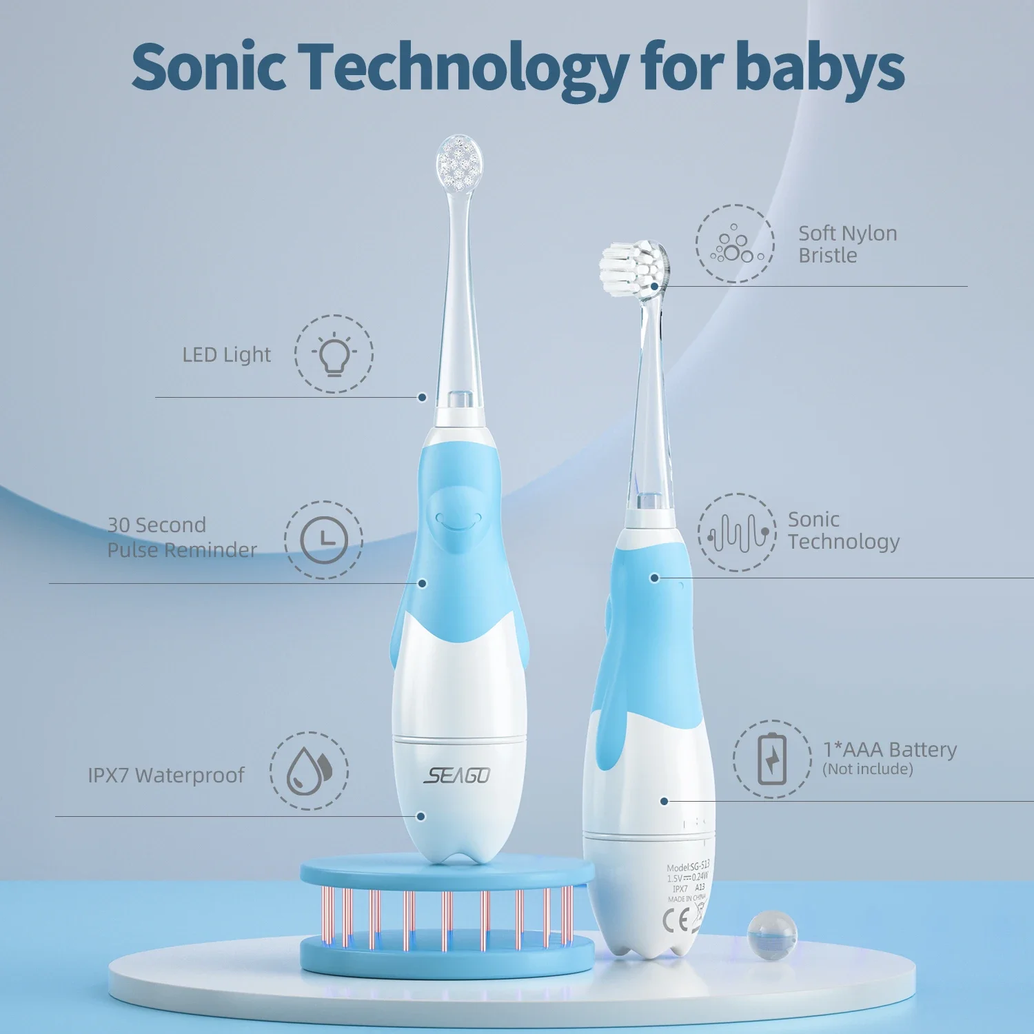 Seago-cepillo de dientes eléctrico para niños, dispositivo dental sónico con luz de observación, cabezal reemplazable, con temporizador inteligente