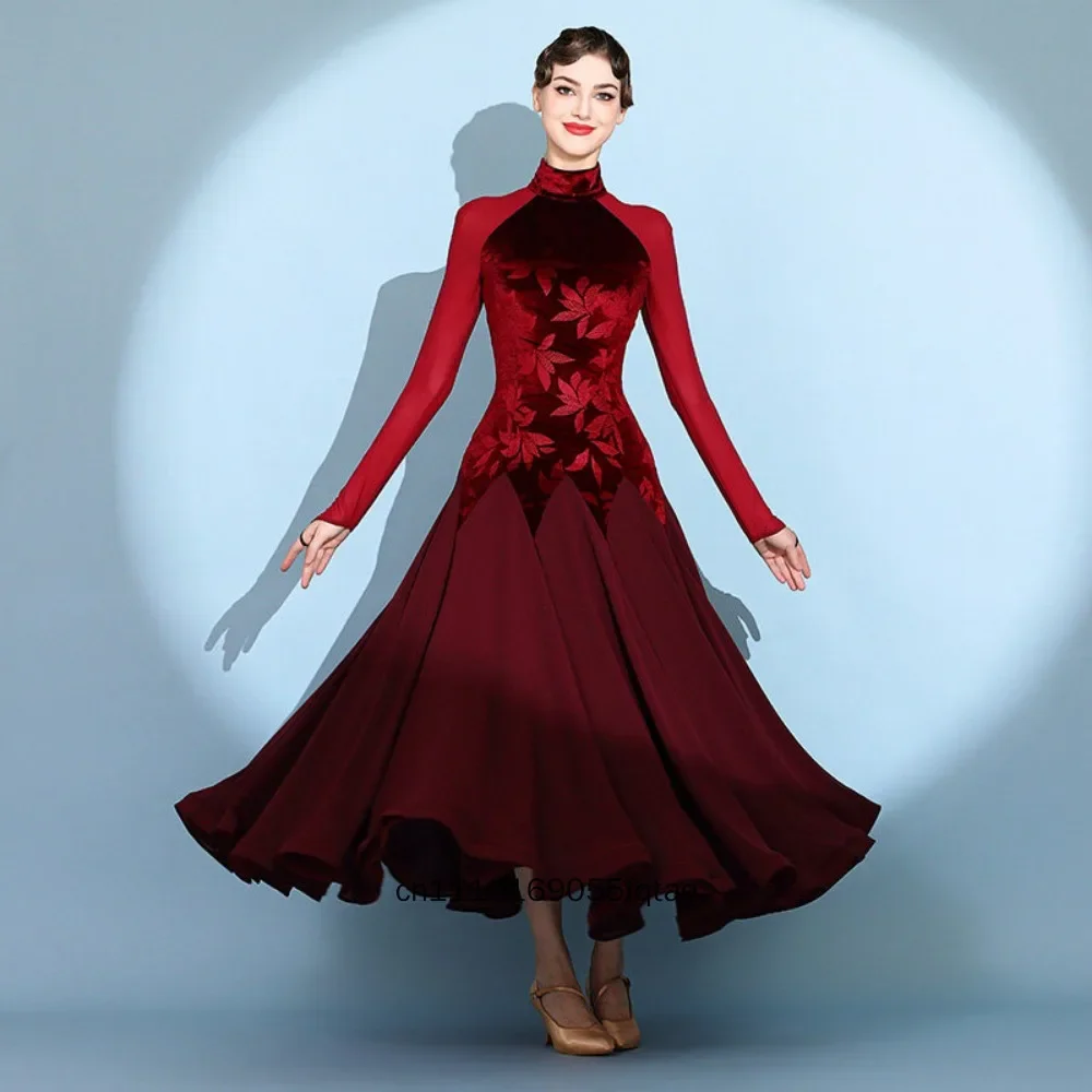 women-velvet-printed-modern-dance-dress-stretchy-a-line-flowing-skirt-ballroom-waltz-social-dancewear-professional-stage-gown