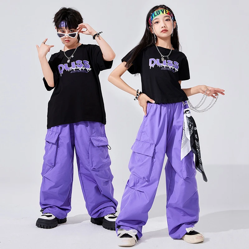 

Kids Jazz Hip Hop Dance Clothes Black T Shirt Purple Pants Summer Short Sleeves Practice Wear Kpop Performance Suit Boys BL14904