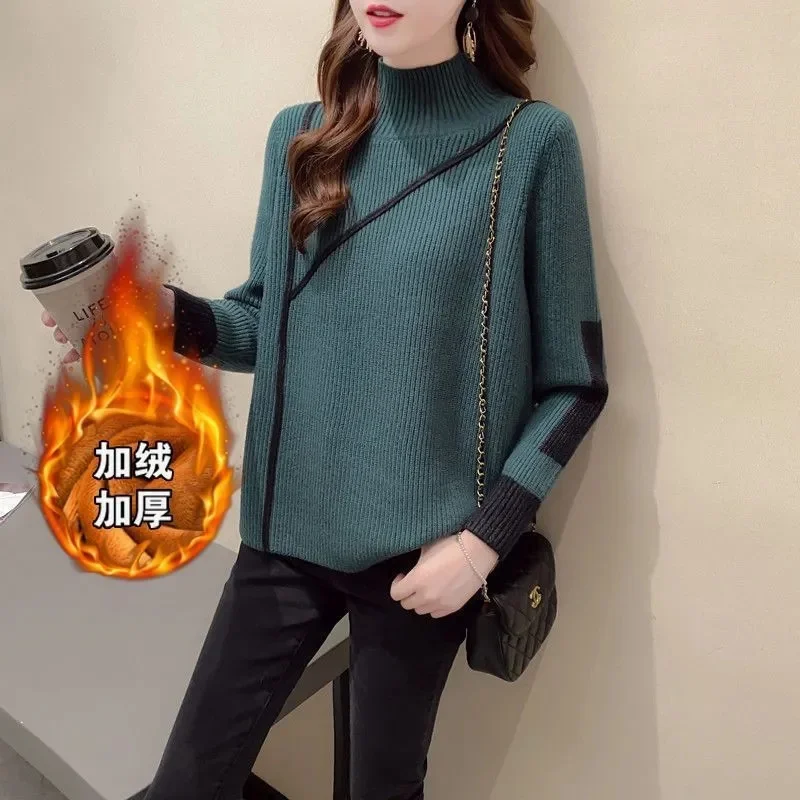 

2024 New Autumn Winter Thick Pullover Women Semi-High-Necked Bottoming Sweater Add Velvet Top Ladies Knitwear High Quality Coat