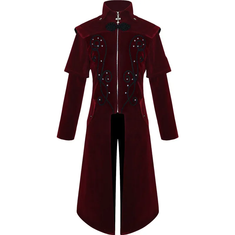 Medieval Men's Gothic Overcoat Red Stand-up Collar Vintage Coat