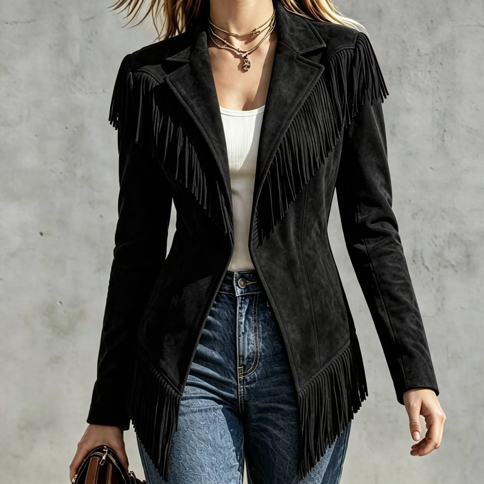 Personalized retro jacket autumn winter loose fashionable casual simple slim fit suede collar tassel coats autumn winter