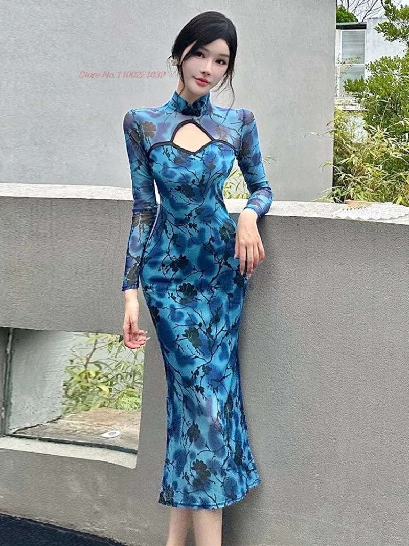 

2025 chinese improved cheongsam mesh qipao national flower print qipao dress traditional nightclub evening banquet dress qipao