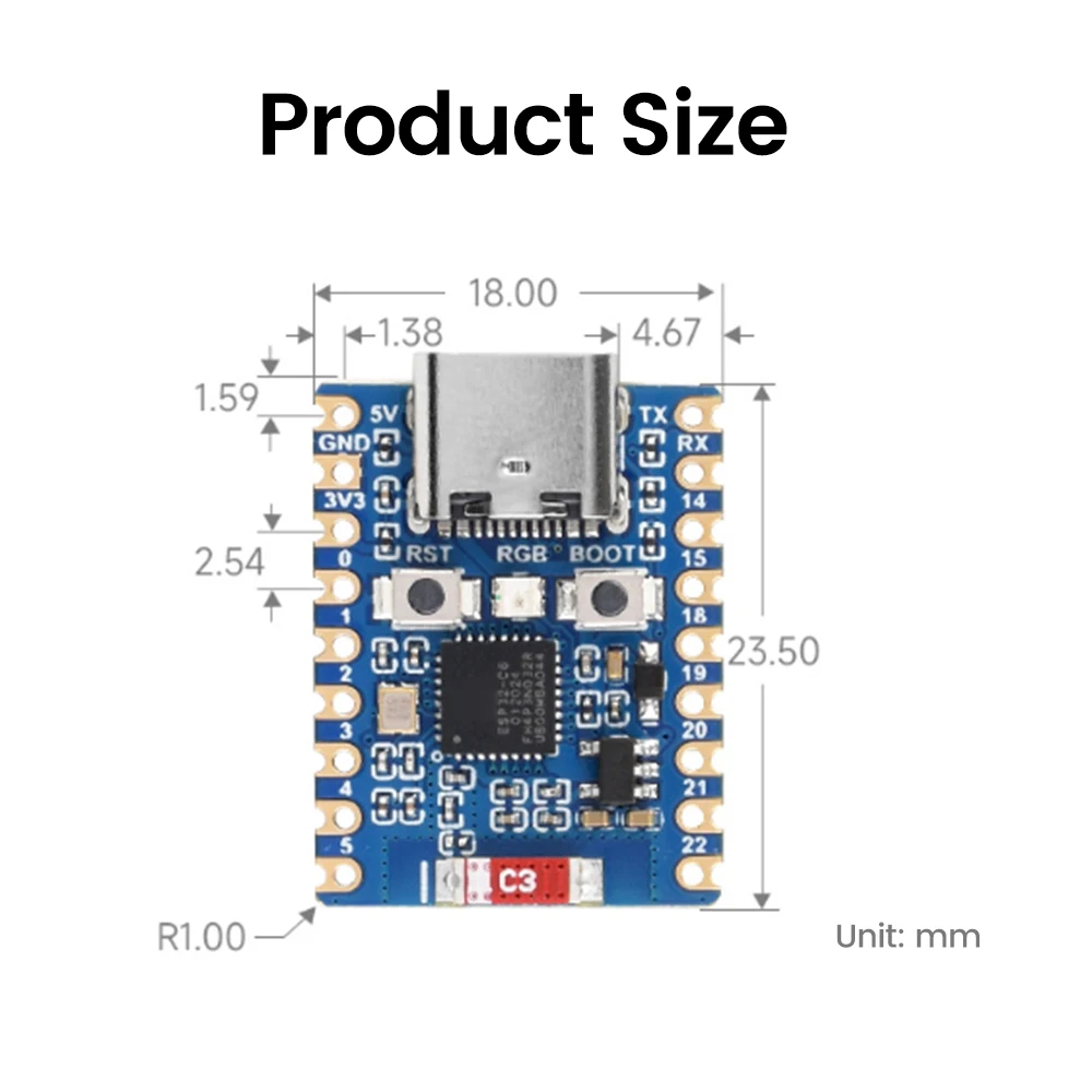 ESP32-C6-Zero Placa de Desenvolvimento Mini, WiFi 6, Módulo Bluetooth, Processadores Duplos, Baseado em Flash 4MB, Tipo-C, ESP32