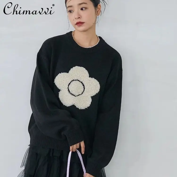 

Модный пуловер с 3D цветочным принтом в японском стиле, свитер с круглым вырезом, весна-осень, новые свободные вязаные свитера для милых девочек, разноцветные