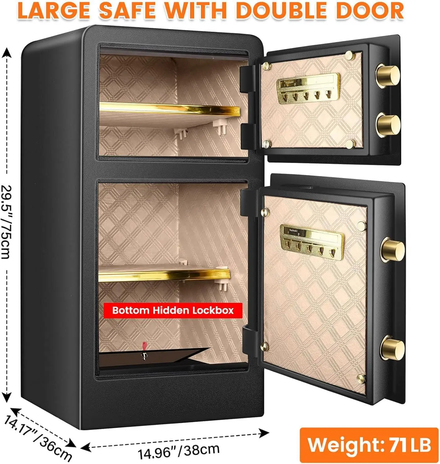 7.9 Cuft Large Safe Box Fireproof Waterproof, Fire Proof Safe With Dual Door, Digital Keypad, Removable Shelves, Hidden Compartm