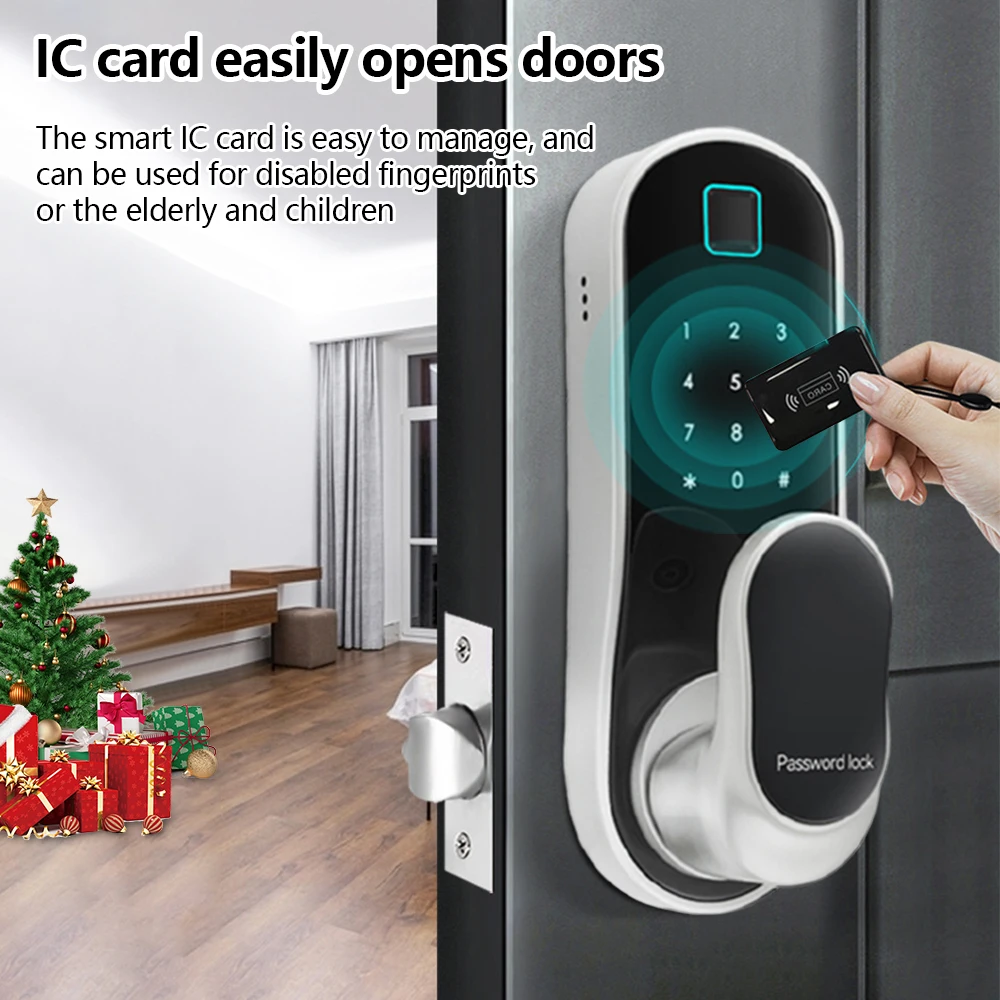 

Smart Door Lock Keyless Entry Door Lock Handle with 2 Cards and 2 Keys Biometric Door Lock App Remote WiFi for 30-60mm Door