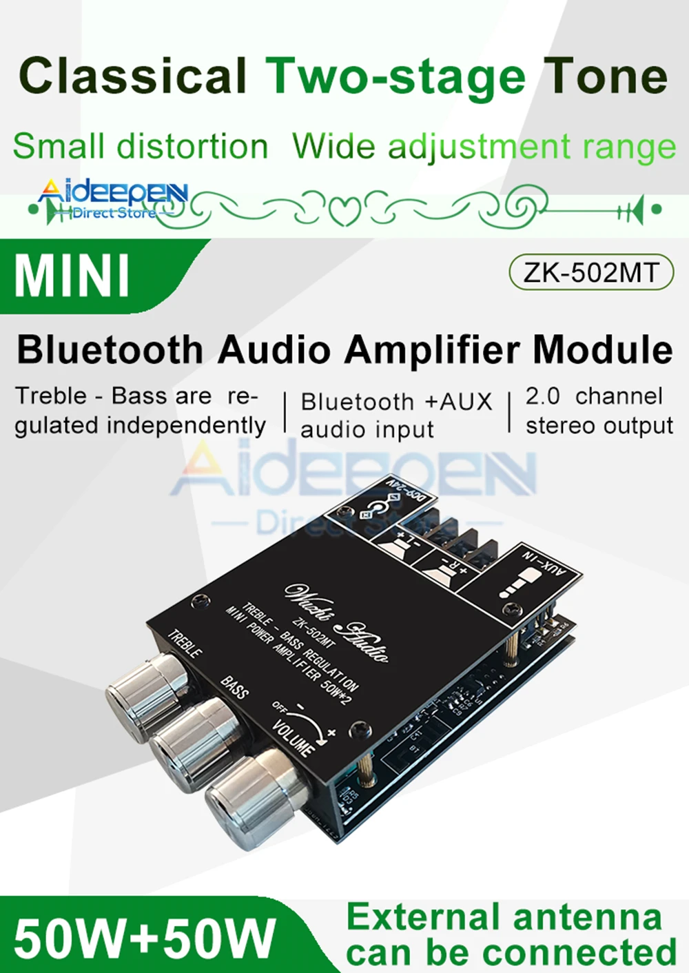 ZK-502MT 2*50W Bluetooth 5.0 Subwoofer Amplifier Board 2.0 Channel High Power Audio Stereo Amplifier Board AUX Bass Treble AMP