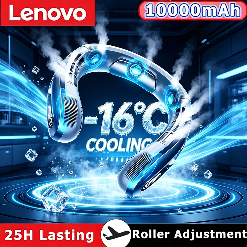 Lenovo Hanging Neck Air Cooler Mute Bladeless Portable Fan USB Rechargeable LED Digital Display For Car Driving Outdoor Travel