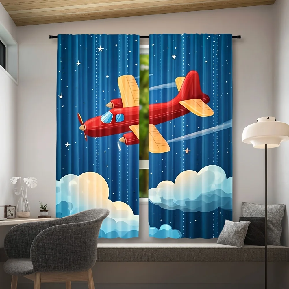 Sky Adventure Curtain Panels, Cartoon Plane Fluffy Cloud Star Bright Tone Print Drapes for Child‑Friendly Apartment Decor