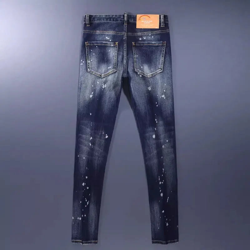 High Street Fashion Men Jeans Retro Blue Elastic Slim Fit Painted Designer Ripped Jeans Men Hip Hop Brand Pants Vintage Trousers