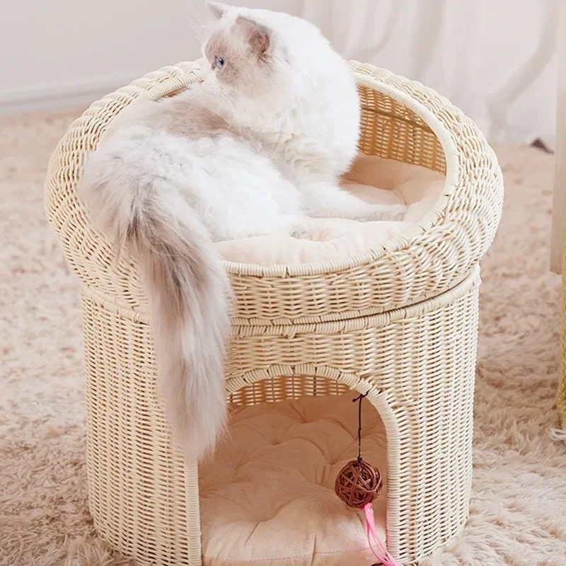 2-Tier Wicker Cat Mansion, Integrated Climber Lounger, Indoor Feline Retreat