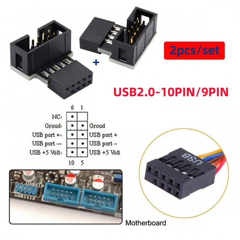 Adaptateur d'extension de carte mère, 1 jeu, coudé vers le bas et vers le haut, 90 résistant, mâle vers femelle, USB 2.0, 10 broches, 9 broches