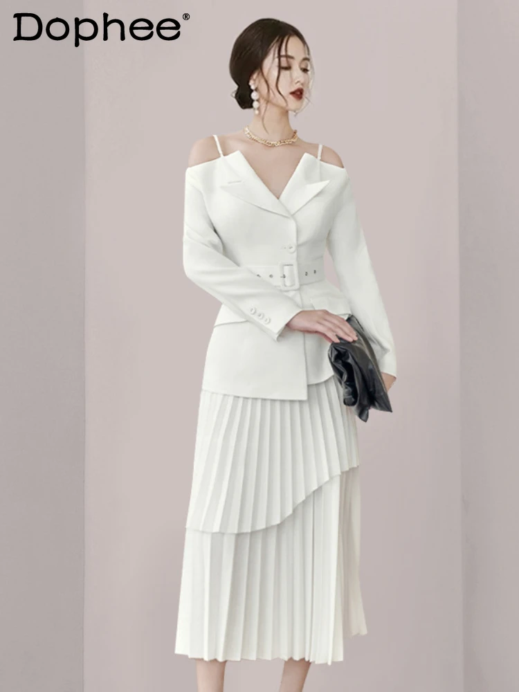 

Commute Suit Office Lady 2024 Spring White V-neck Strap Suit Blazer High Waist Pleated Overskirt 2 Piece Sets Womens Outifits