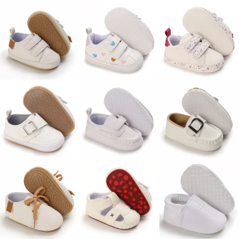 New baby shoes retro PU leather boys and girls shoes white toddler rubber sole non-slip walker baby newborn Mokasin shoes.