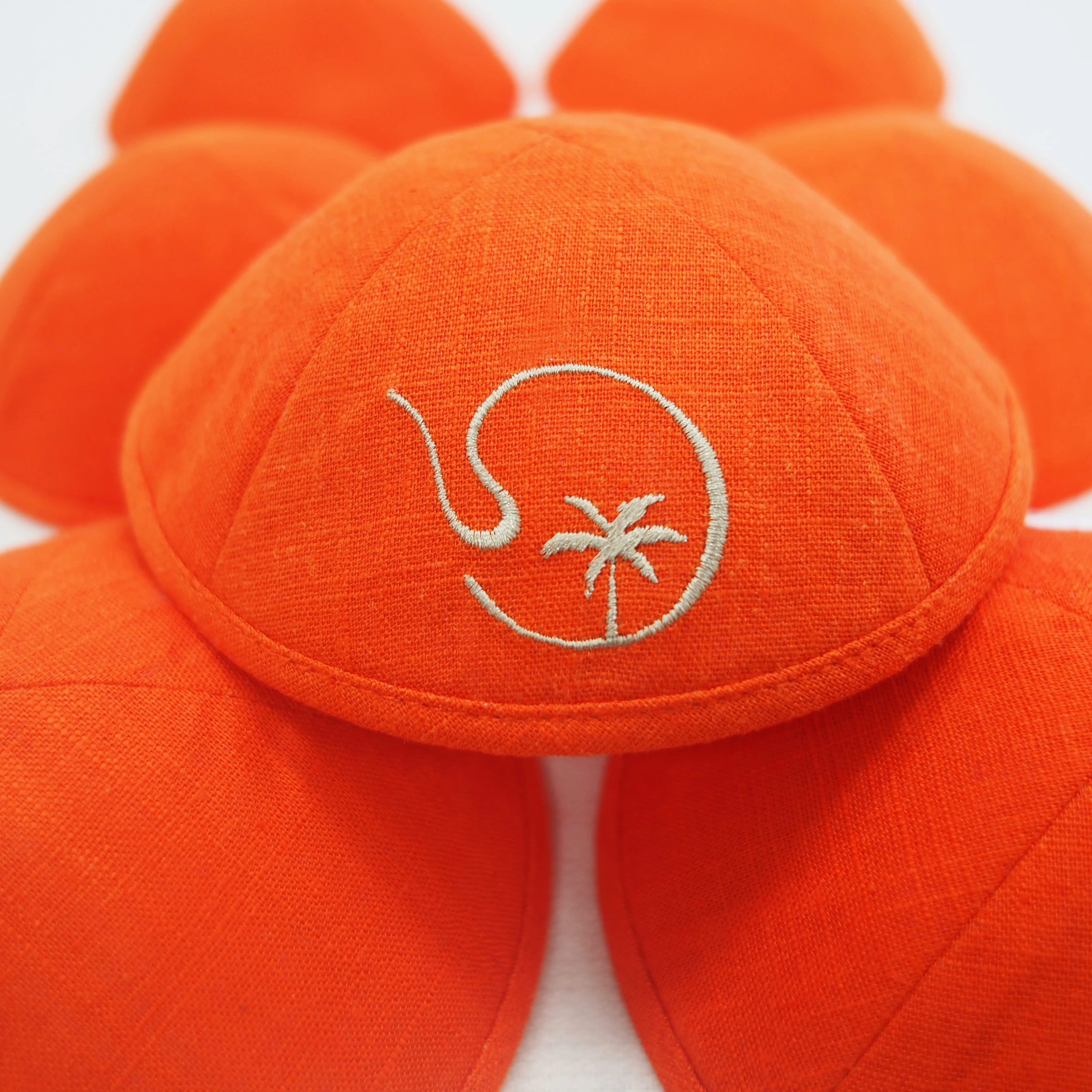 Orange custom embroidered linen kippah Jewish Ahava, customizable for weddings and barbat mitzvah gifts