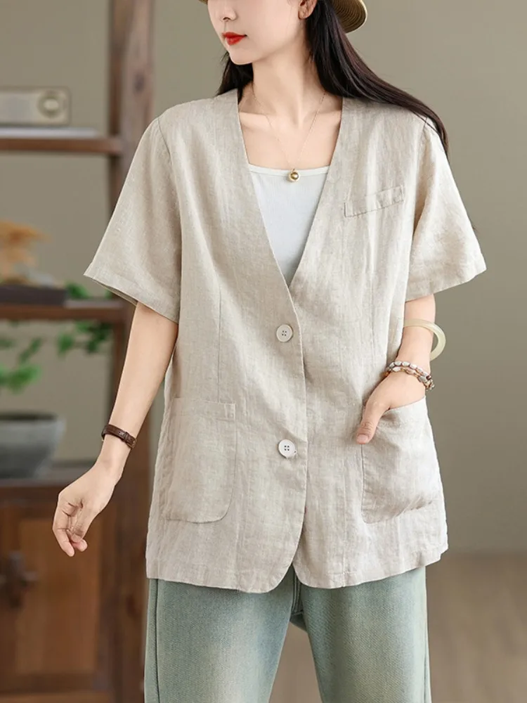 Light Blue Cotton Linen Short Sleeve Suit Women Summer Thin Outerwear Loose V-neck Casual Elegance Open Cardigan Linen Top