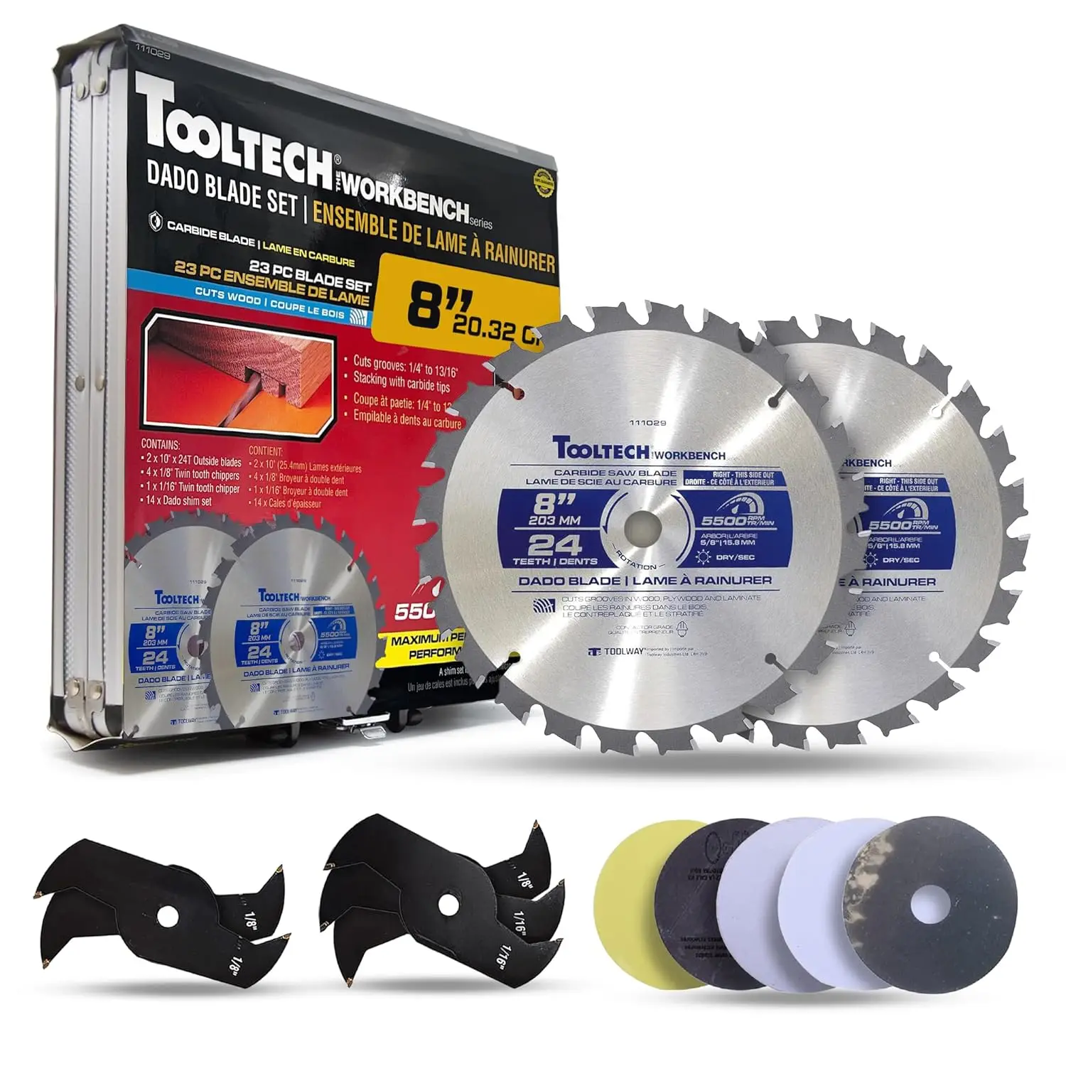 

8 Inch Stacking Dado Blade Set for Table Saw, 24 Tooth Carbide Blades, Adjustable 1/4 to 13/16 Inch, 5/8 Arbor with Storage Case
