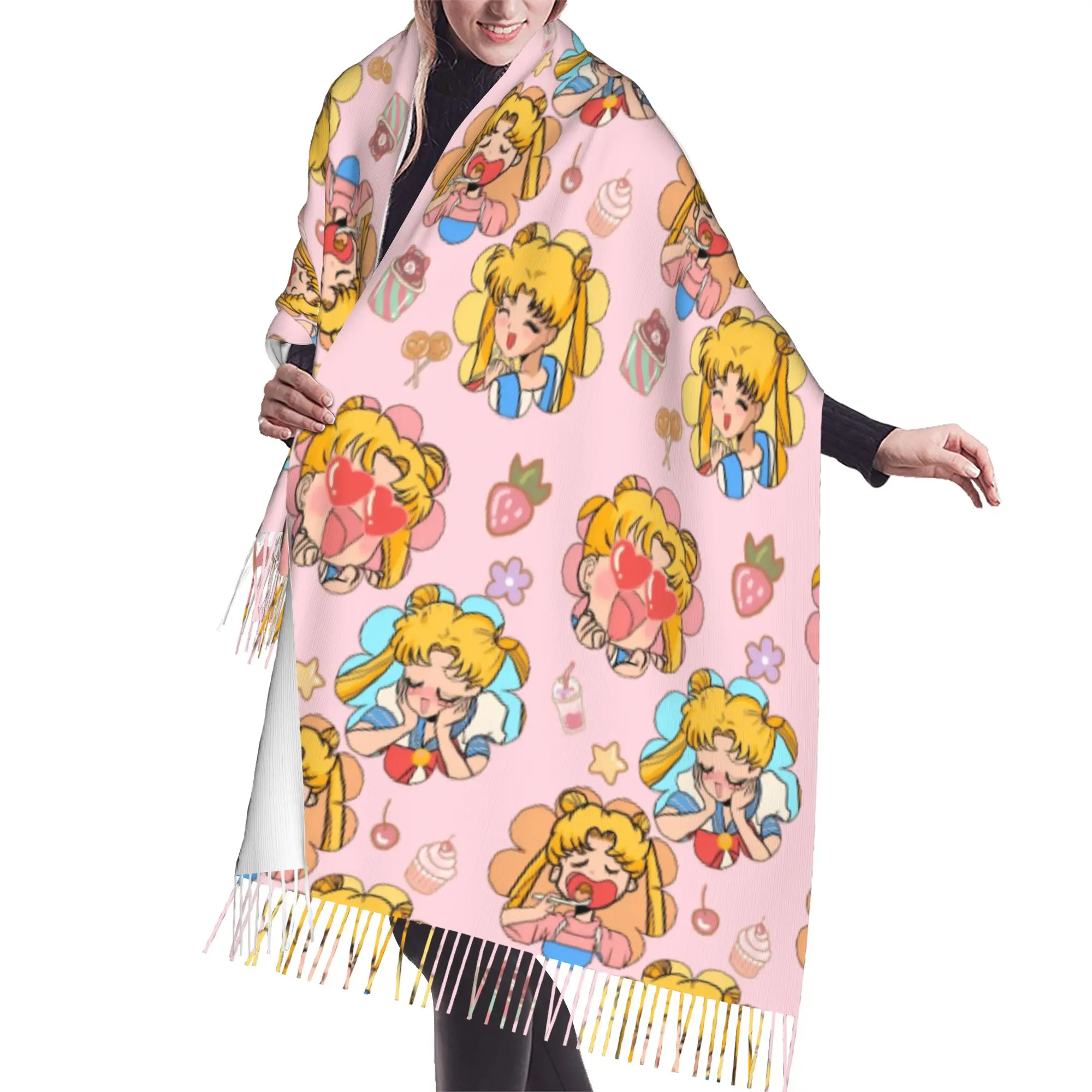 Custom Sailored Manga Anime Mooned Tassel Scarf Women Soft Usagi Tsukino Shawl Wrap Lady Winter Fall Scarves