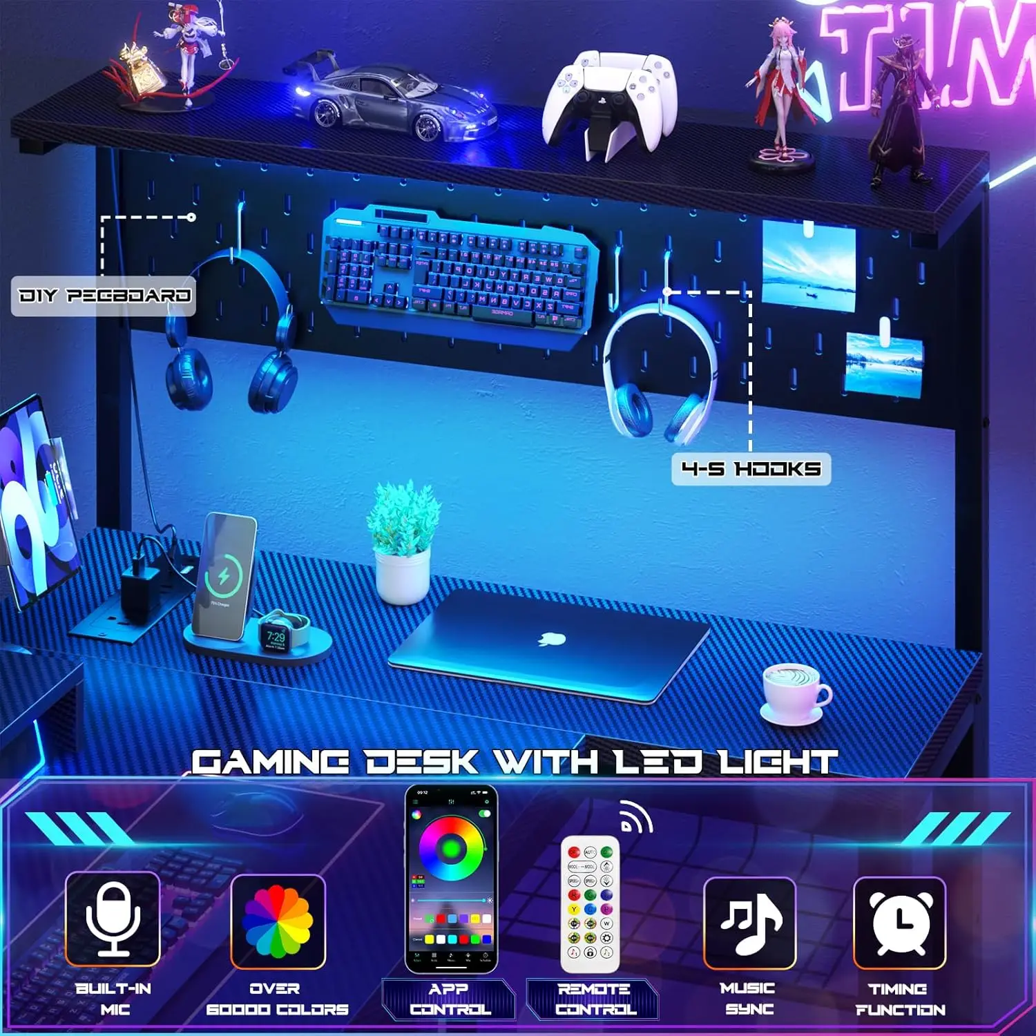 Small Gaming Desk with Power Outlets Pegboard LED Light, 43 Inch L Shaped Computer Desk with Monitor Stand Storage Shelves