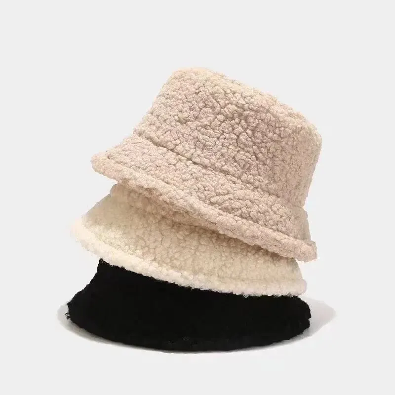 Unisex Harajuku Bucket Hat Solid Men Fishing Fisherman Hat Autumn Winter Lamb Wool Outdoor Warm Panama Cap For Women