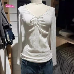 2024 Sweet Style Spring Summer Women Shirt Ruffle Bow Long-sleeve T-shirt For Women Y2K Lace-up Lace Bottoming Slim-fitting Top