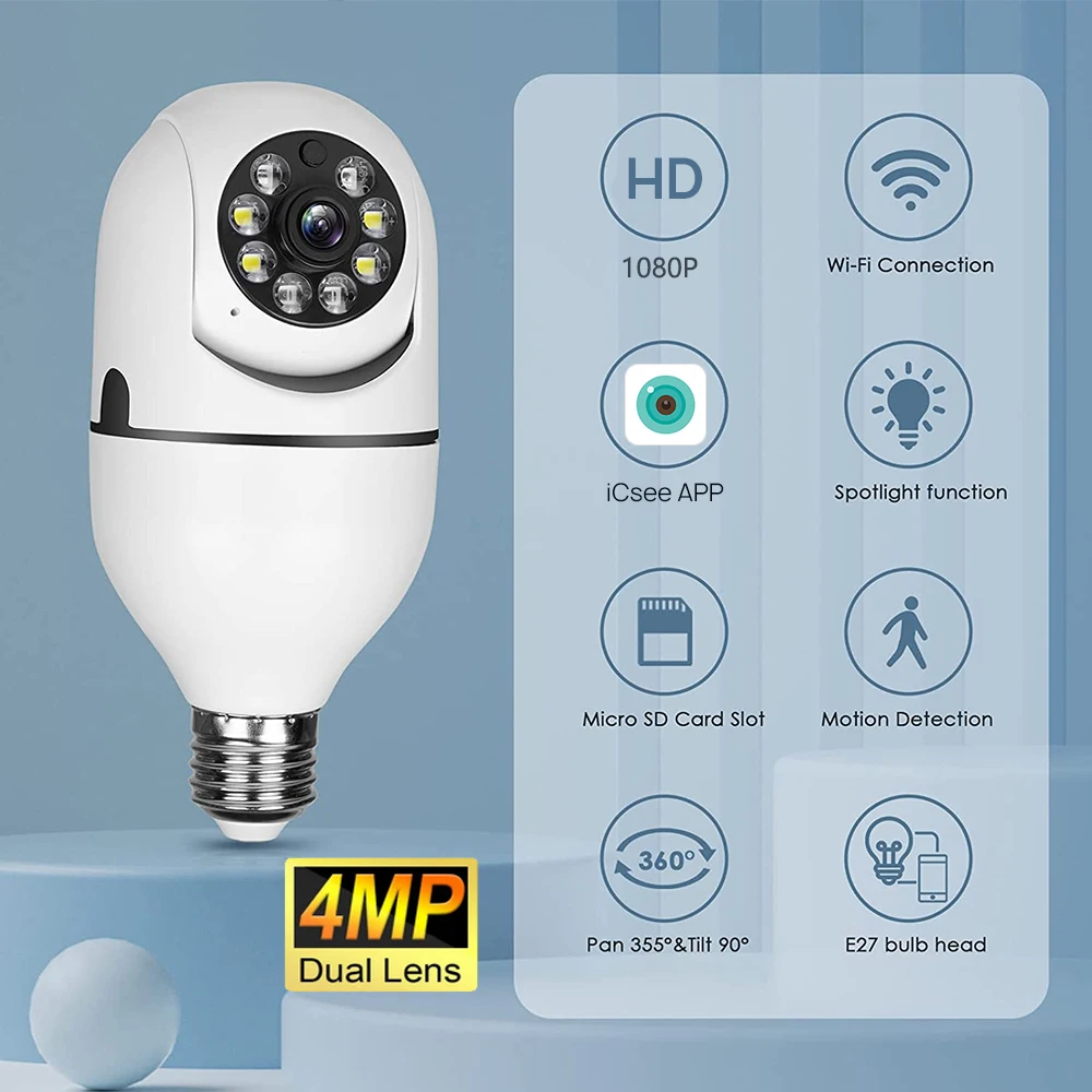 4MP E27 หลอดไฟ WiFi ในร่มการเฝ้าระวังวิดีโอ Home Security Full Color Night Vision AI ติดตามมนุษย์อัตโนมัติ ICSEE APP 1080P