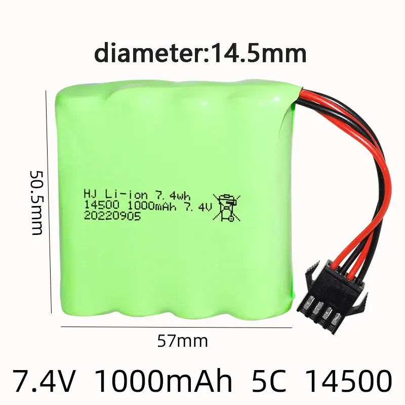 7.4V 1000mAh 14500 5c 2S Lipo Battery +charger For DE36W 1:16RC Off-Road 4WD High-Speed Climbing Drift Racing toy accessories